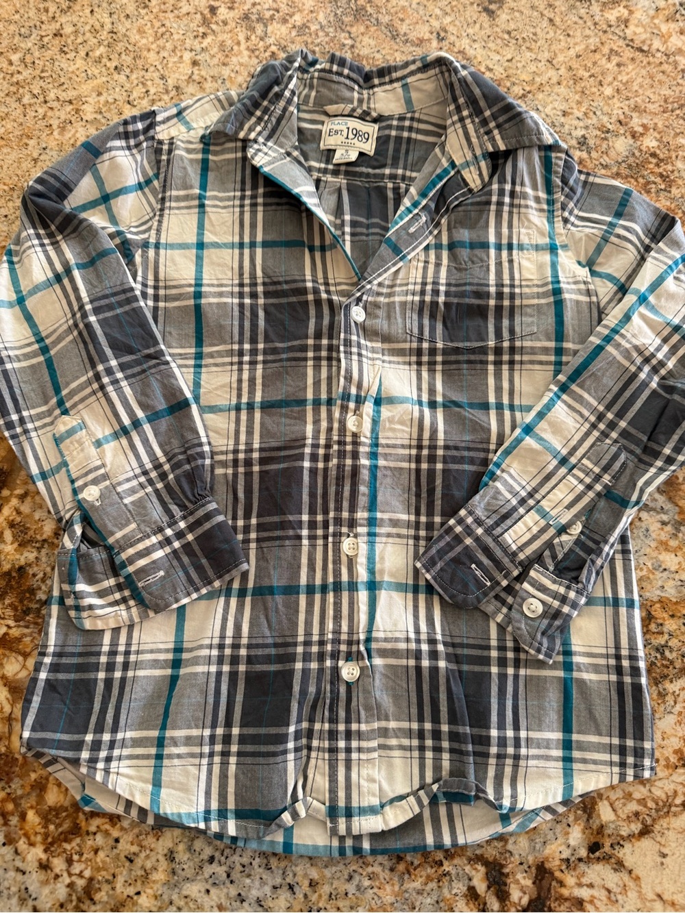 Boy size 6 Teal, Gray & White Plaid Button-Down Shirt
